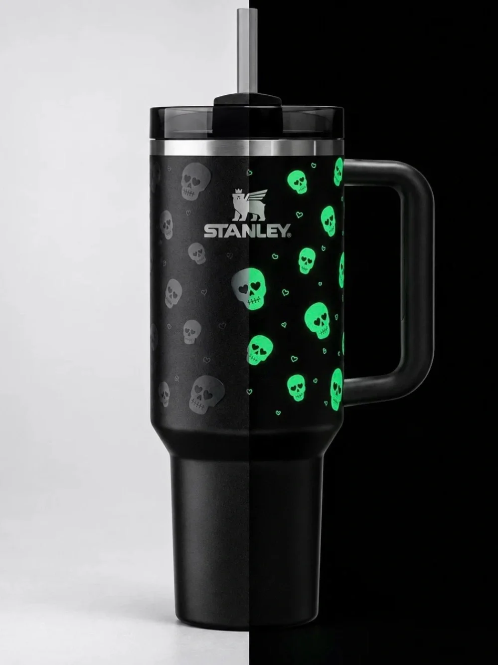 Stanley Black Travel Tumbler with Glow Green Skull Pattern 30oz new